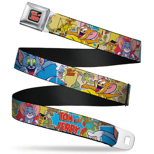 Tom and Jerry Logo Full Color Black Red Seatbelt Belt - TOM & JERRY Faces/Stacked Scene Panels Webbing Seatbelt Belts Tom and Jerry   
