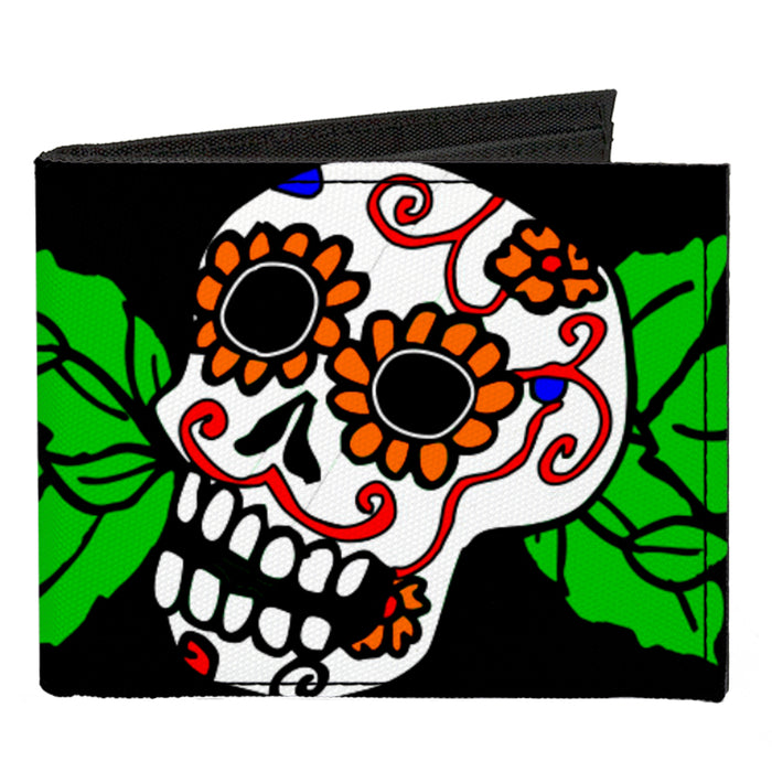 Canvas Bi-Fold Wallet - Sugar Skull w Roses & Heart Canvas Bi-Fold Wallets Buckle-Down   