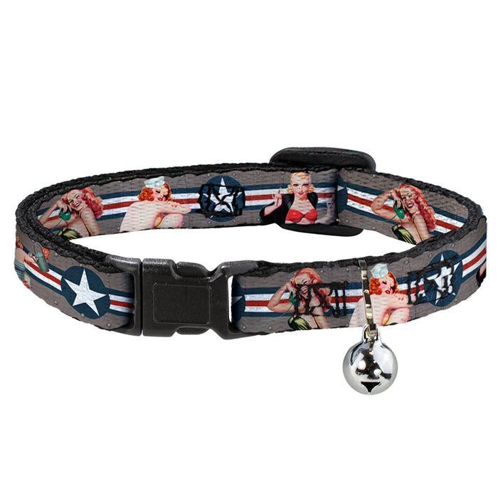 Cat Collar Breakaway - Pin Up Girl Poses CLOSE-UP Star & Stripes Gray Blue White Red Breakaway Cat Collars Buckle-Down   