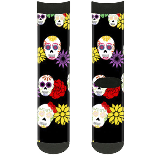 Sock Pair - Polyester - Sugar Skulls & Flowers Black Multi Color - CREW Socks Buckle-Down   