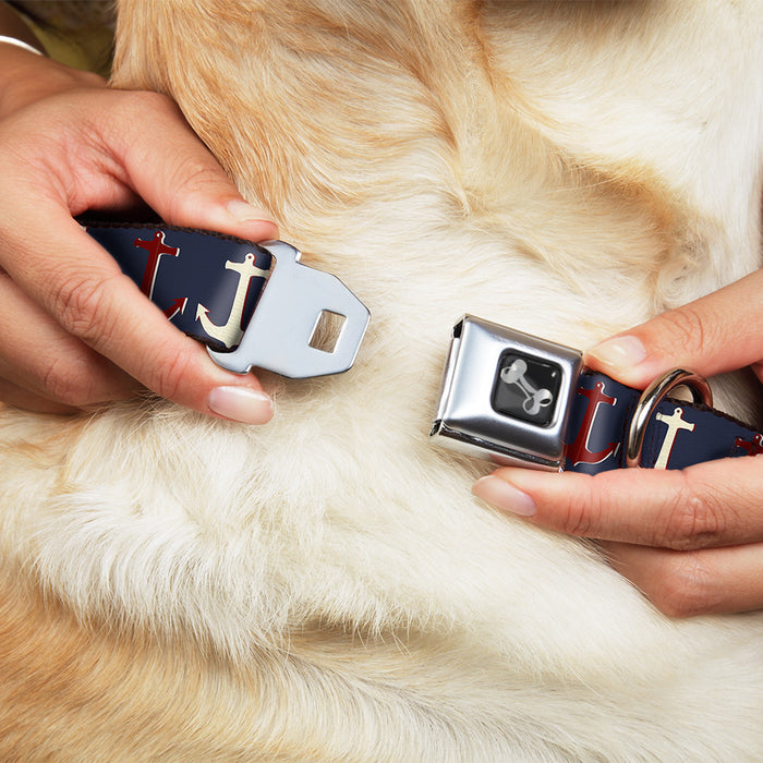 Dog Bone Seatbelt Buckle Collar - Anchor3 CLOSE-UP Navy/Red/Cream Seatbelt Buckle Collars Buckle-Down   