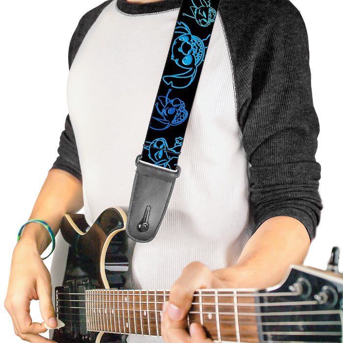 Guitar Strap - Electric Stitch Poses Black Neon Blue Guitar Straps Disney   