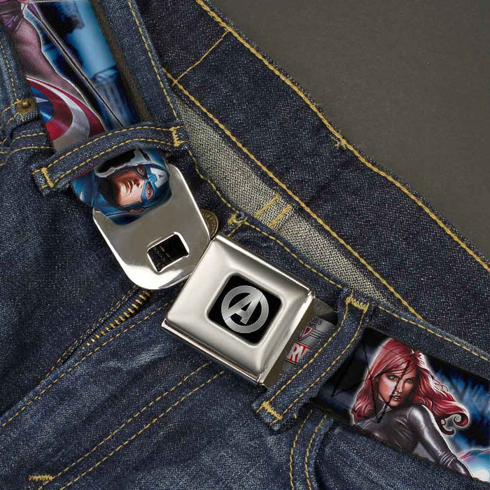 MARVEL AVENGERS Avengers "A" Logo Full Color Black Silver-Fade Seatbelt Belt - Avengers 6-Superhero Action Poses Blues/Black Webbing Seatbelt Belts Marvel Comics   