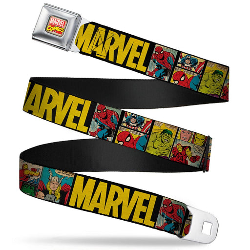 MARVEL COMICS Marvel Comics Logo Full Color Seatbelt Belt - MARVEL/Retro Comic Panels Black/Yellow Webbing Seatbelt Belts Marvel Comics   
