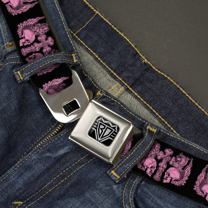 BD Wings Logo CLOSE-UP Full Color Black Silver Seatbelt Belt - BD Skulls w/Wings Black/Pink Webbing Seatbelt Belts Buckle-Down   