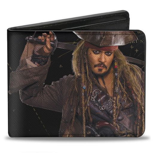 Bi-Fold Wallet - Jack Sparrow Vivid Sword Pose + PIRATES Logo Skull Black Golds Silvers Bi-Fold Wallets Disney   