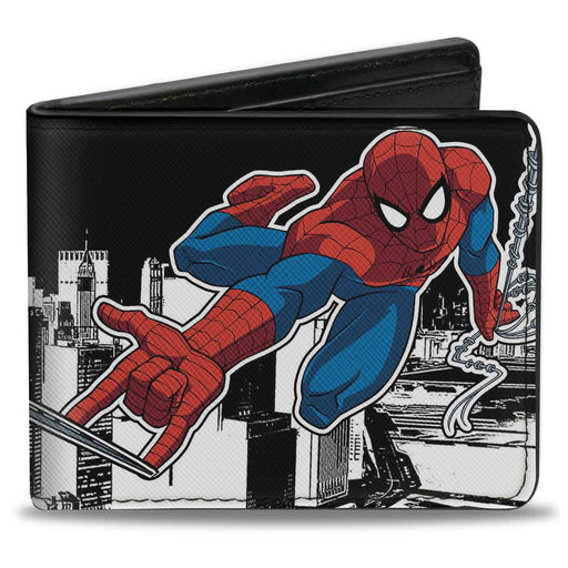 ULTIMATE SPIDER-MAN Bi-Fold Wallet - Spider-Man Swinging Pose2 Skyline Black White Bi-Fold Wallets Marvel Comics   