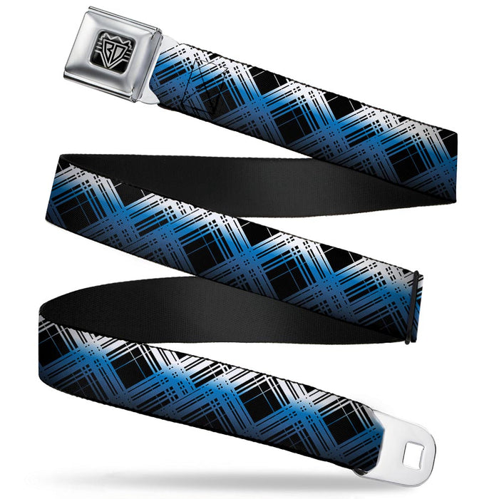 BD Wings Logo CLOSE-UP Full Color Black Silver Seatbelt Belt - Plaid X Gradient Black/White/Blue Webbing Seatbelt Belts Buckle-Down   