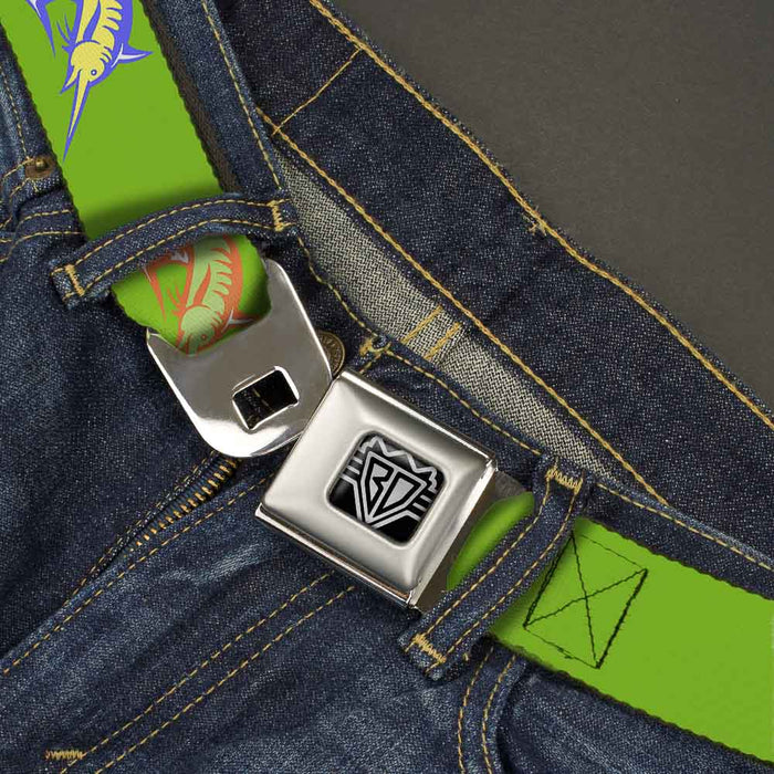 BD Wings Logo CLOSE-UP Full Color Black Silver Seatbelt Belt - Marlin Green/Multi Color Webbing Seatbelt Belts Buckle-Down   