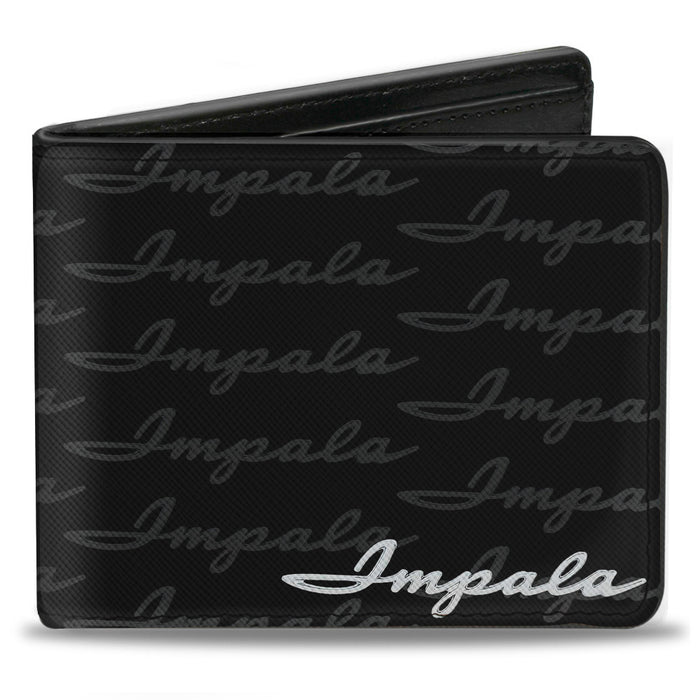 Bi-Fold Wallet - 1962 IMPALA Script Emblem Repeat Black Silver Bi-Fold Wallets GM General Motors   