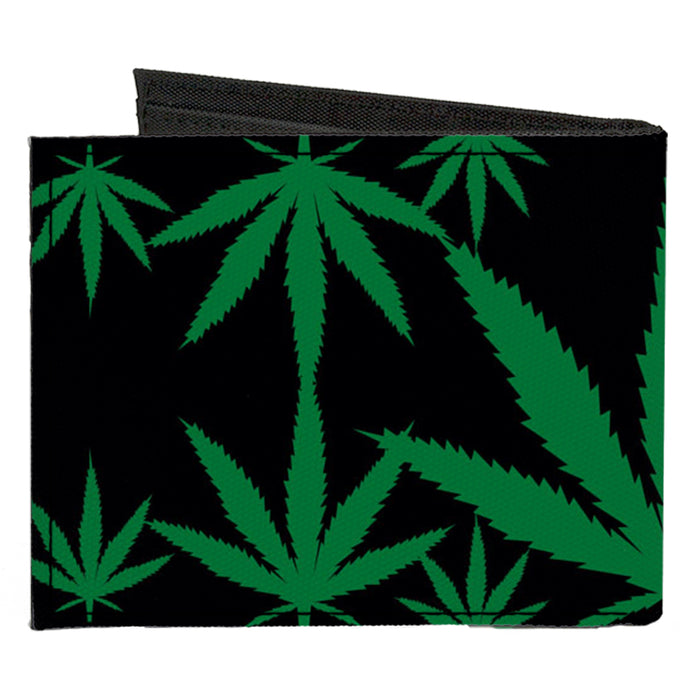 Canvas Bi-Fold Wallet - Marijuana Leaves Scattered Black Green Canvas Bi-Fold Wallets Buckle-Down   