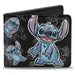 Bi-Fold Wallet - Stitch 3-Poses Hibiscus Sketch Black Grays Bi-Fold Wallets Disney   