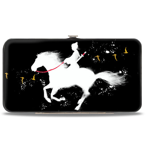 Hinged Wallet - Mulan Riding Horse Pose Birds Silhouette Black White Red Gold Hinged Wallets Disney   
