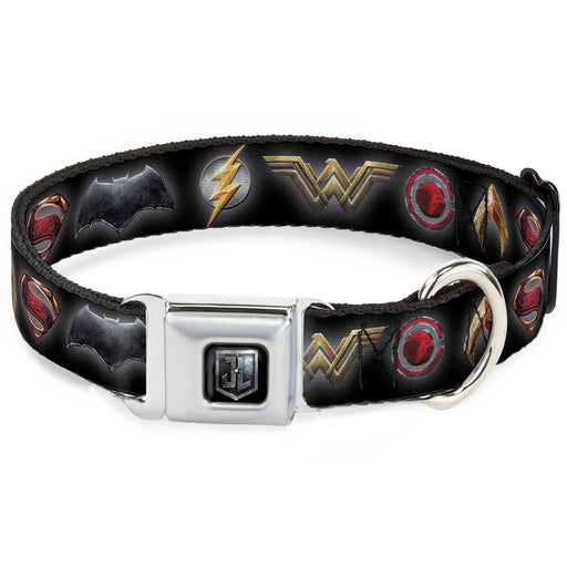 JL 2017 Badge Full Color Black/Grays Seatbelt Buckle Collar - Justice League 2017 6-Superhero Icons Black Seatbelt Buckle Collars DC Comics   