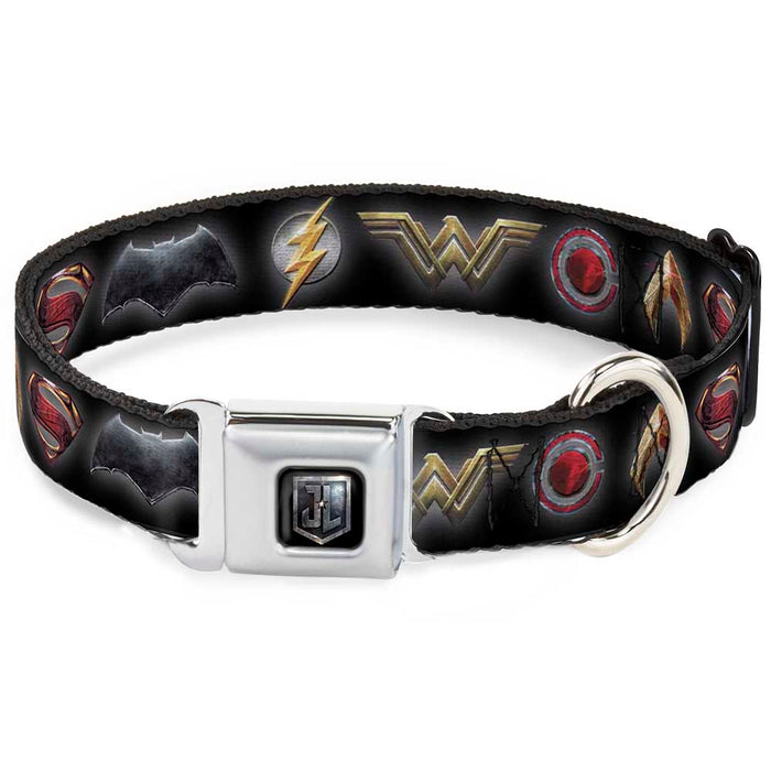 JL 2017 Badge Full Color Black/Grays Seatbelt Buckle Collar - Justice League 2017 6-Superhero Icons Black Seatbelt Buckle Collars DC Comics   