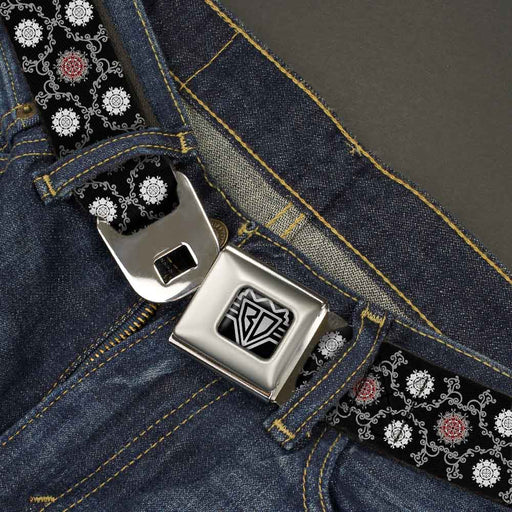 BD Wings Logo CLOSE-UP Full Color Black Silver Seatbelt Belt - Tapestry 1 Black Webbing Seatbelt Belts Buckle-Down   