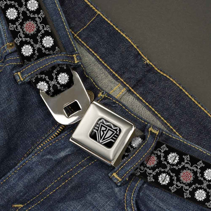 BD Wings Logo CLOSE-UP Full Color Black Silver Seatbelt Belt - Tapestry 1 Black Webbing Seatbelt Belts Buckle-Down   