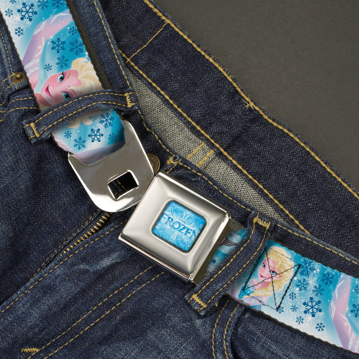 FROZEN Logo Full Color Blues Seatbelt Belt - Frozen Elsa Poses/Snowflake Swirls Blues/White Webbing Seatbelt Belts Disney   