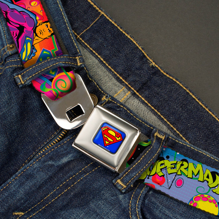 Superman Full Color Blue Seatbelt Belt - SUPERMAN Poses/Battling Mongul Black/Multi Neon Webbing Seatbelt Belts DC Comics   