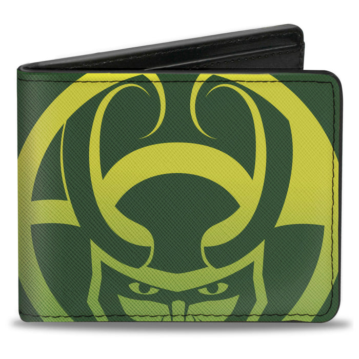 MARVEL AVENGERS Bi-Fold Wallet - Loki Face CLOSE-UP + Text Logo Greens Yellow Bi-Fold Wallets Marvel Comics   