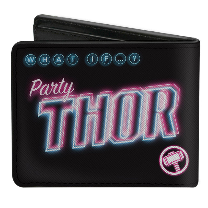 MARVEL STUDIOS WHAT IF? Bi-Fold Wallet - Marvel Studios WHAT IF ? PARTY THOR 80's Neon Hammer Pose + Hammer Icon Black Multi Color Bi-Fold Wallets Marvel Comics   