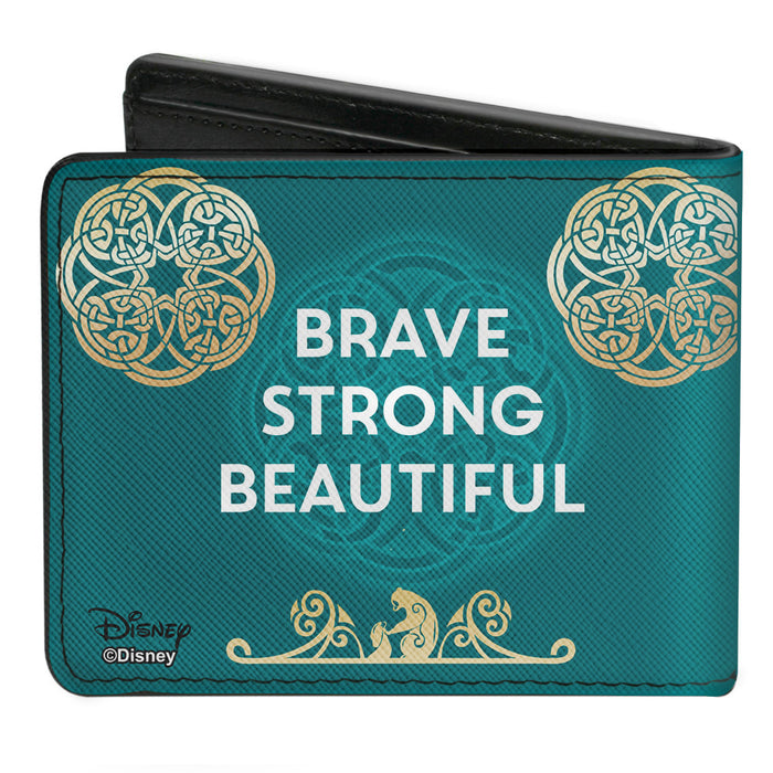 Bi-Fold Wallet - Princess Merida Archer Pose + BRAVE-STRONG-BEAUTIFUL Celtic Knots Aquas Golds Bi-Fold Wallets Disney   