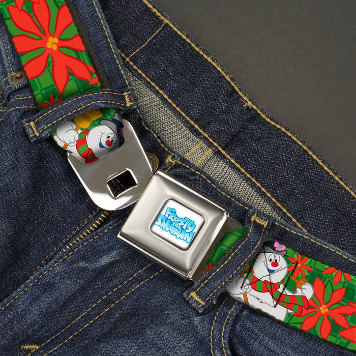 FROSTY THE SNOWMAN Logo Full Color White/Blues Seatbelt Belt - Frosty the Snowman Pose Poinsettia Plaid Collage Greens/Reds Webbing Seatbelt Belts Warner Bros. Holiday Movies   