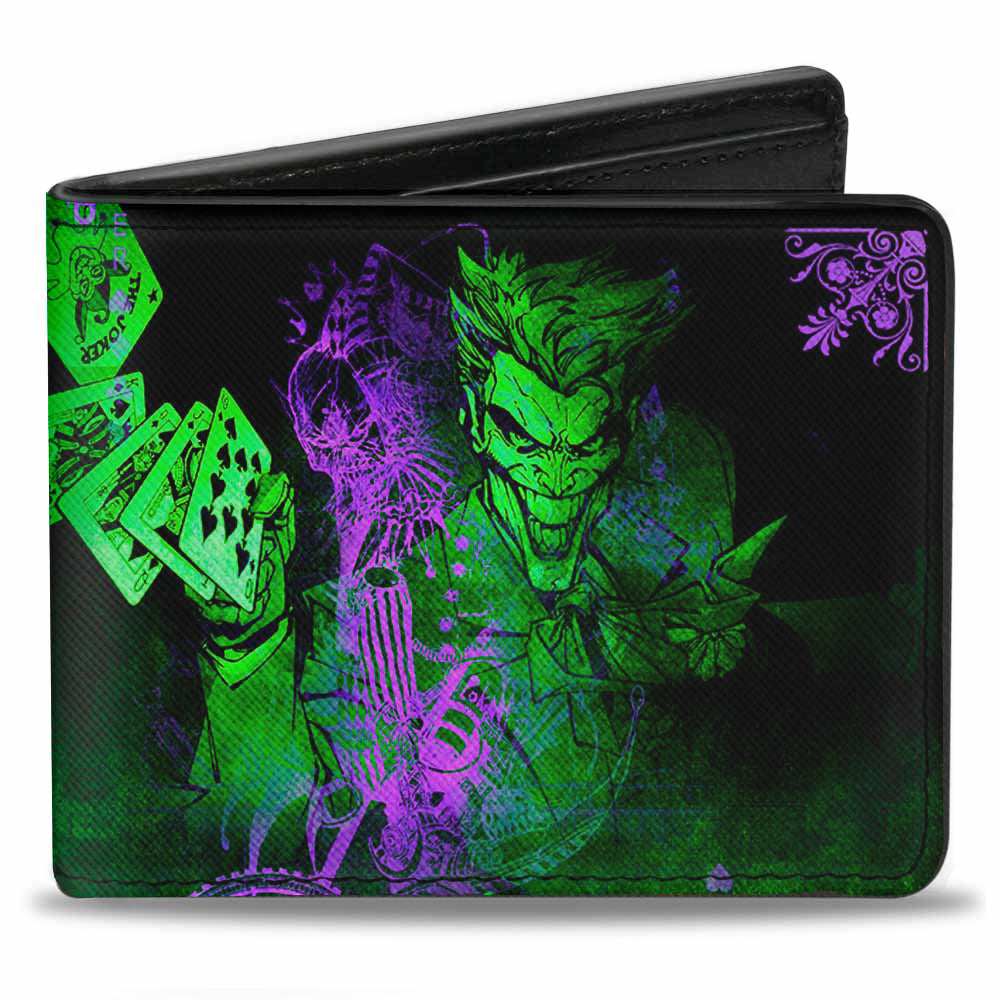 Bi-Fold Wallet - THE JOKER Card Flipping Poses Black Greens Purples Bi-Fold Wallets DC Comics   