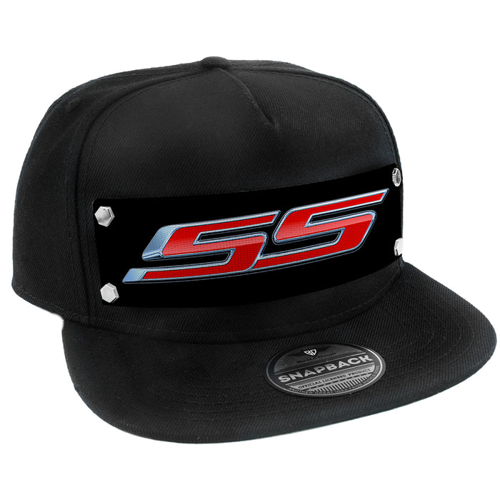 Embellishment Snap Back Hat BLACK - Full Color Strap - Chevrolet SS Emblem Black Silver Red Trucker Hats GM General Motors   