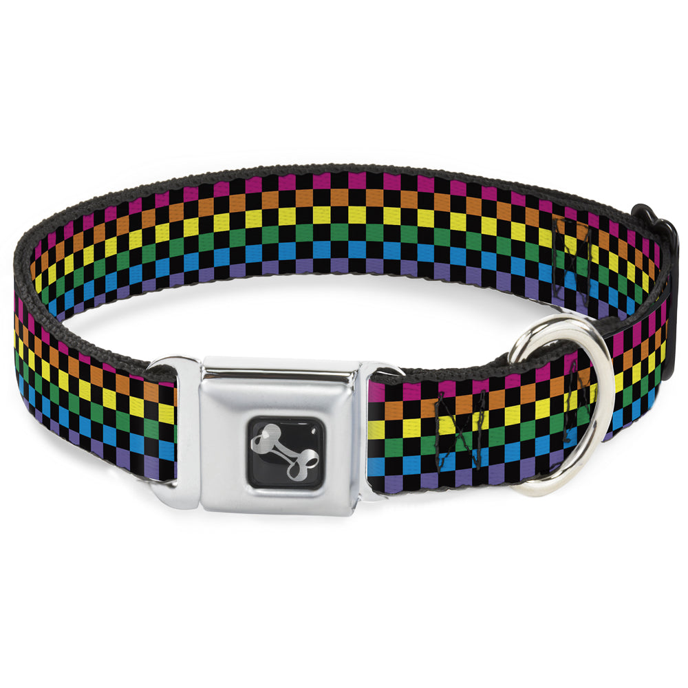 Dog Bone Seatbelt Buckle Collar - Checker Black/Neon Rainbow