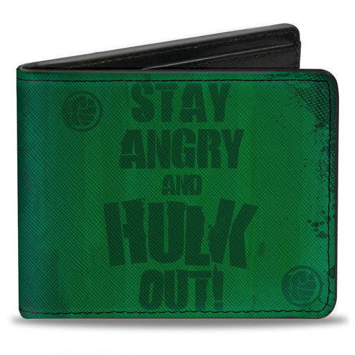 MARVEL AVENGERS Bi-Fold Wallet - STAY ANGRY AND HULK OUT! Hulk Logo + Half Face Greens Bi-Fold Wallets Marvel Comics   