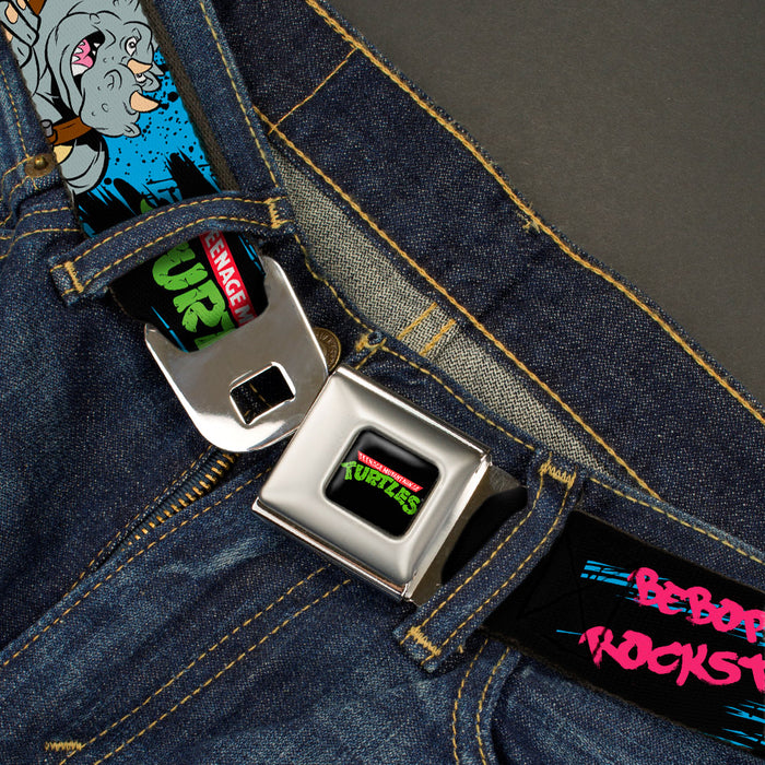 Classic TMNT Logo Full Color Seatbelt Belt - TMNT BEBOP AND ROCKSTEADY Back-to-Back Pose Splatter Blue/Black/Pink Webbing Seatbelt Belts Nickelodeon   