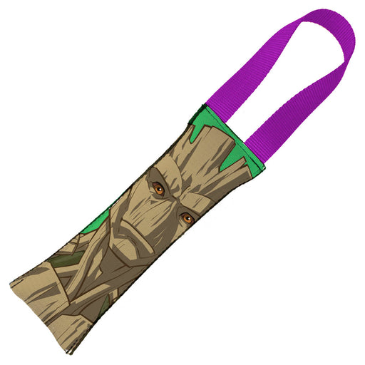 GUARDIANS OF THE GALAXY Dog Toy Squeaky Tug Toy - Groot Pose + GUARDIANS Shield Badge CLOSE-UP Green Purple - Purple Webbing Dog Toy Squeaky Tug Toy Marvel Comics   