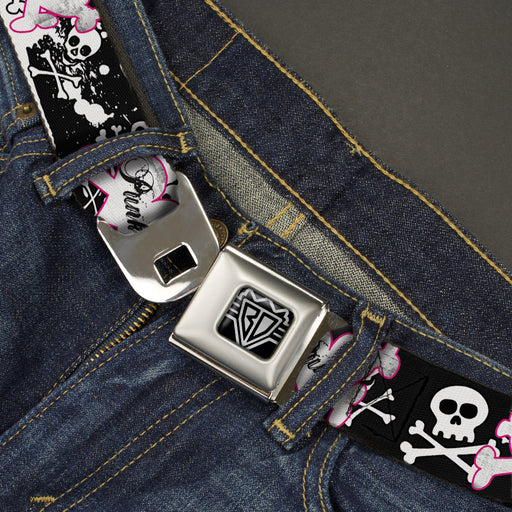 BD Wings Logo CLOSE-UP Full Color Black Silver Seatbelt Belt - Punk Heart & Cross Bones w/Skulls & Splatter Black/White Webbing Seatbelt Belts Buckle-Down   