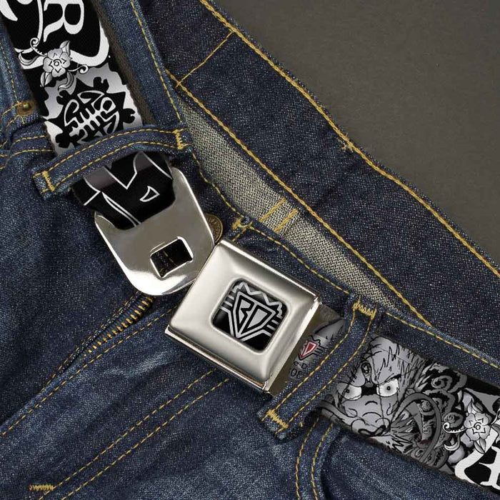 BD Wings Logo CLOSE-UP Full Color Black Silver Seatbelt Belt - Honor Black/White Webbing Seatbelt Belts Buckle-Down   