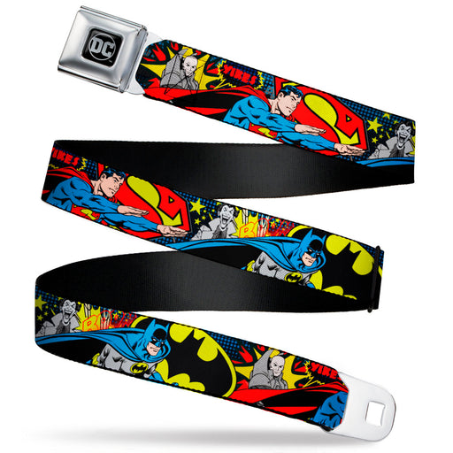 DC Round Logo Black/Silver Seatbelt Belt - Classic Batman/Joker & Superman/Lex Luthor Halftone Black/Blue Webbing Seatbelt Belts DC Comics   