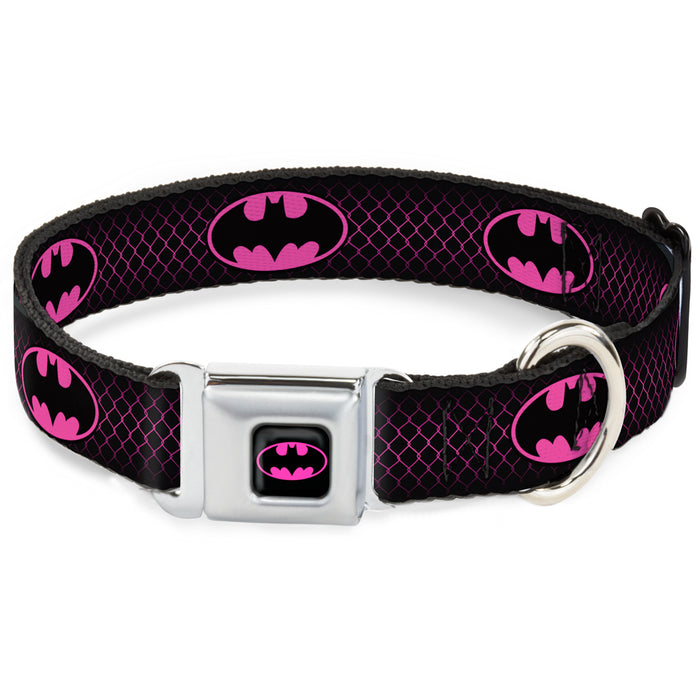 Batman Shield Full Color Black/Hot Pink Seatbelt Buckle Collar - Batman Shield/Chainlink Black/Hot Pink Seatbelt Buckle Collars DC Comics   