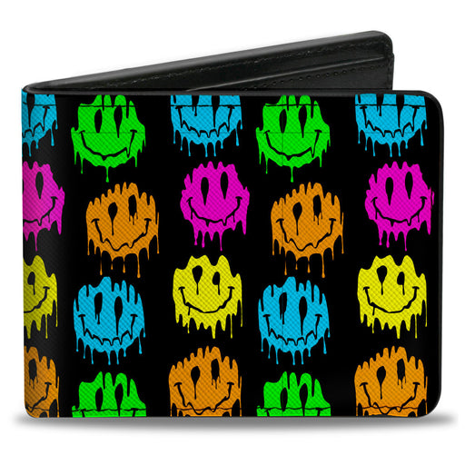 Bi-Fold Wallet - Smiley Faces Melted Mini Repeat Black Multi Neon Bi-Fold Wallets Buckle-Down   