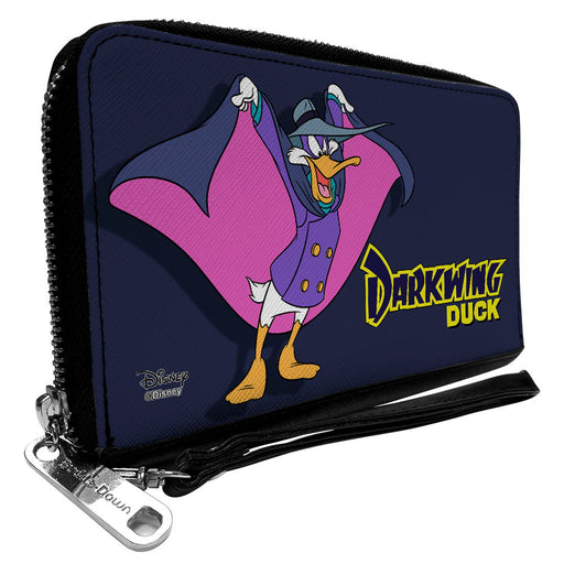 Women's PU Zip Around Wallet Rectangle - DARKWING DUCK Cape Pose Navy Yellow Clutch Zip Around Wallets Disney   