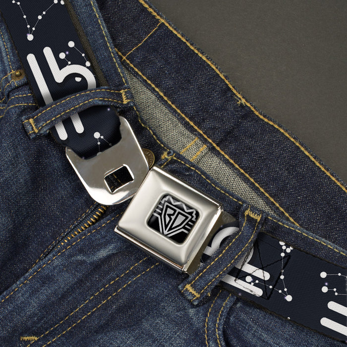 BD Wings Logo CLOSE-UP Full Color Black Silver Seatbelt Belt - Zodiac Libra Symbol/Constellations Black/White Webbing Seatbelt Belts Buckle-Down   