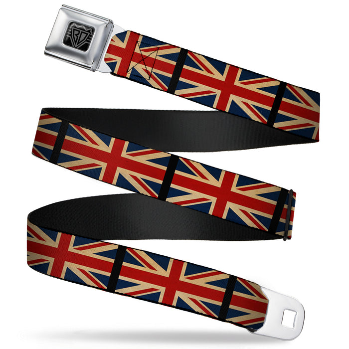 BD Wings Logo CLOSE-UP Full Color Black Silver Seatbelt Belt - United Kingdom Flags Vintage Black Webbing Seatbelt Belts Buckle-Down   