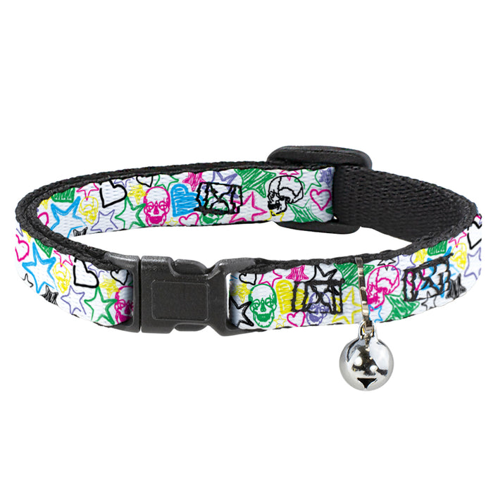 Cat Collar Breakaway - Sketch Skull Star Heart White Multi Color Breakaway Cat Collars Buckle-Down   