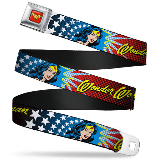 Wonder Woman Logo Full Color Red Seatbelt Belt - Wonder Woman Face w/Stars Webbing Seatbelt Belts DC Comics   