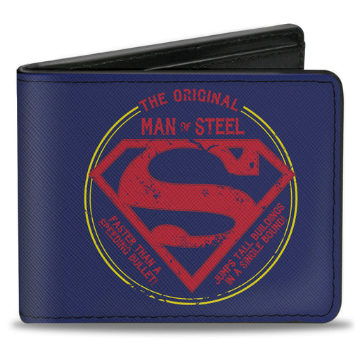 Bi-Fold Wallet - Superman THE ORIGINAL MAN OF STEEL Badge Weathered Blue Red Yellow Bi-Fold Wallets DC Comics   