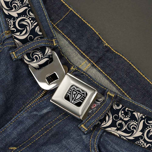 BD Wings Logo CLOSE-UP Full Color Black Silver Seatbelt Belt - Filigree Navy/Khaki Webbing Seatbelt Belts Buckle-Down   