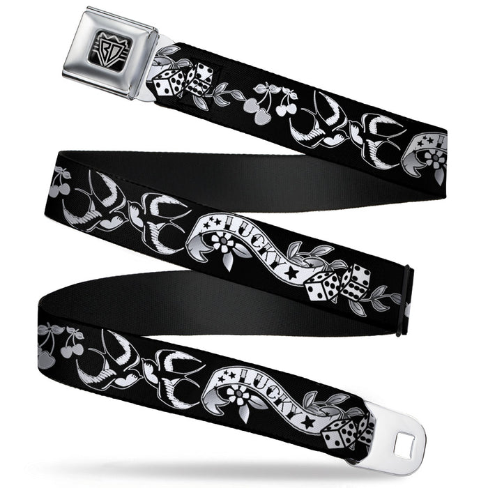 BD Wings Logo CLOSE-UP Full Color Black Silver Seatbelt Belt - Lucky Black/White Webbing Seatbelt Belts Buckle-Down   