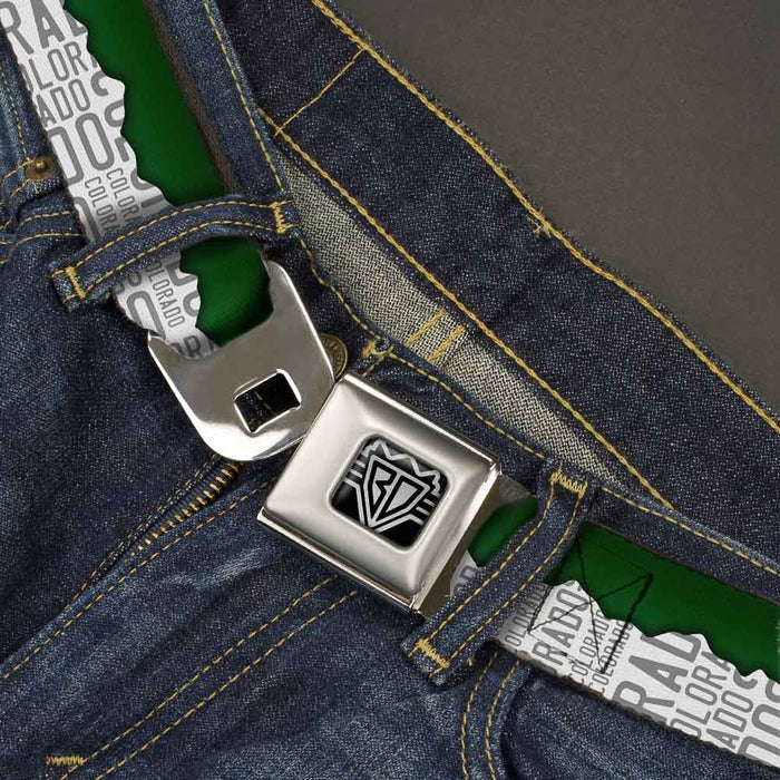 BD Wings Logo CLOSE-UP Full Color Black Silver Seatbelt Belt - Colorado Mountains Green/White/Gray Text Webbing Seatbelt Belts Buckle-Down   