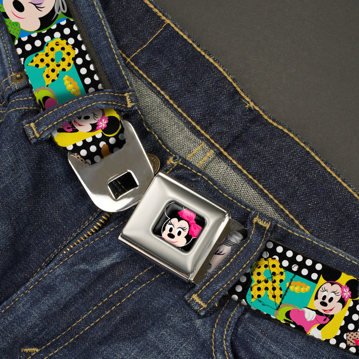 Mini Minnie Mouse Face CLOSE-UP Full Color Black Seatbelt Belt - Mini Minnie Fashion Poses/Polka Dot Black/White/Multi Color Webbing Seatbelt Belts Disney   