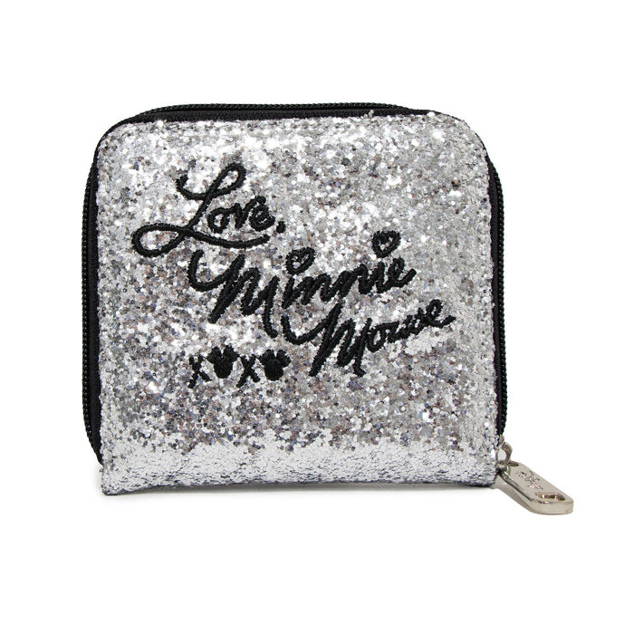 Women's Zip Around Wallet Square - Minnie Mouse Bow + Script Silver Glitter Sparkle Mini Clutch Wallets Disney   