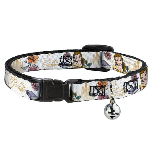 Cat Collar Breakaway with Bell - Beauty and the Beast Belle Castle Pose with Script and Flowers White Yellows - NARROW Fits 8.5-12" Breakaway Cat Collars Disney   